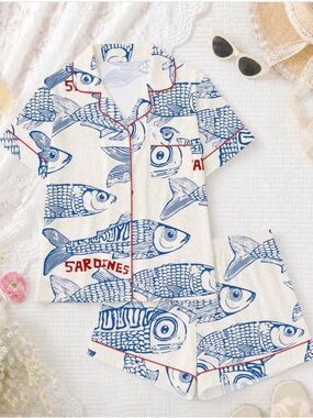 SHEIN White & Blue Sardine Print Short Pajama Set with Red Trim